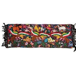Rare Mexican Traditional Colorful Embroidered Yarn Table Runner 24” x 70”
